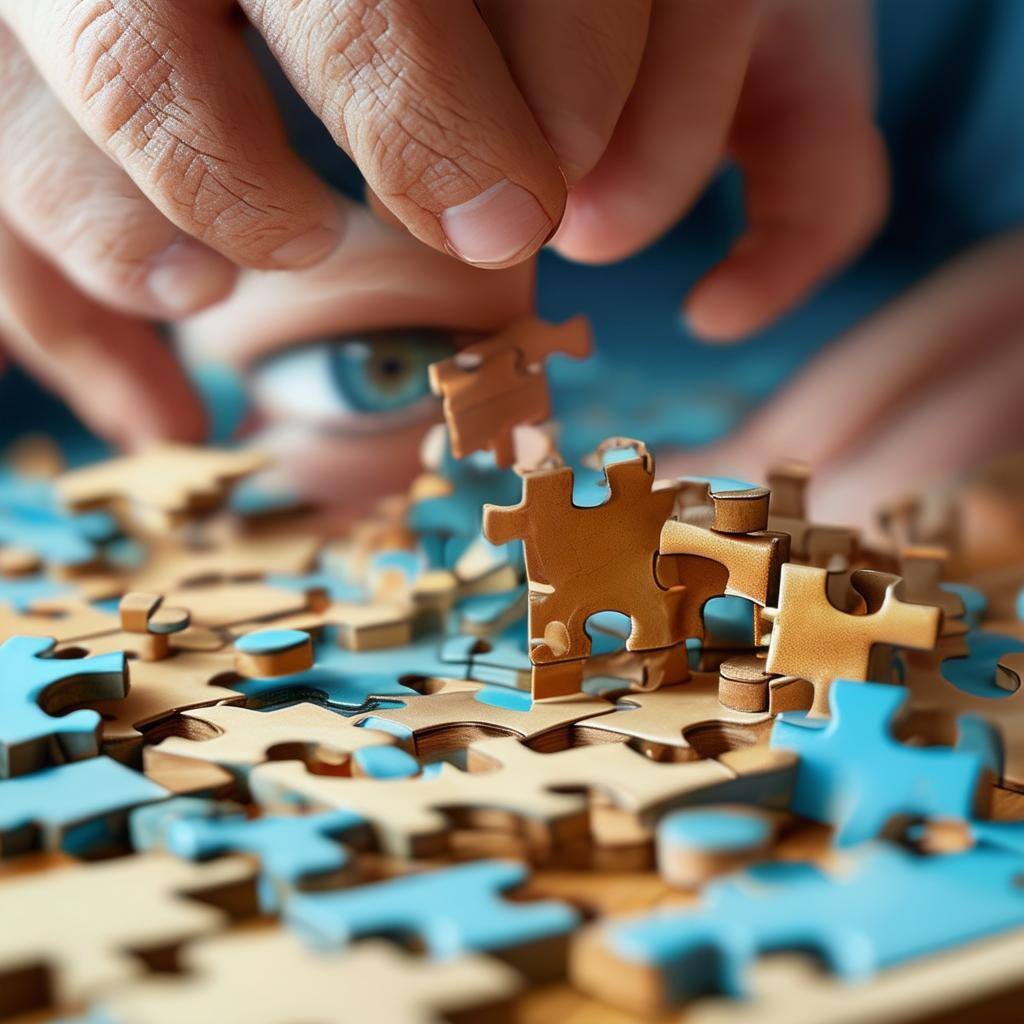 An image of a person solving a 3D puzzle, focusing on the pieces and trying to assemble them correctly