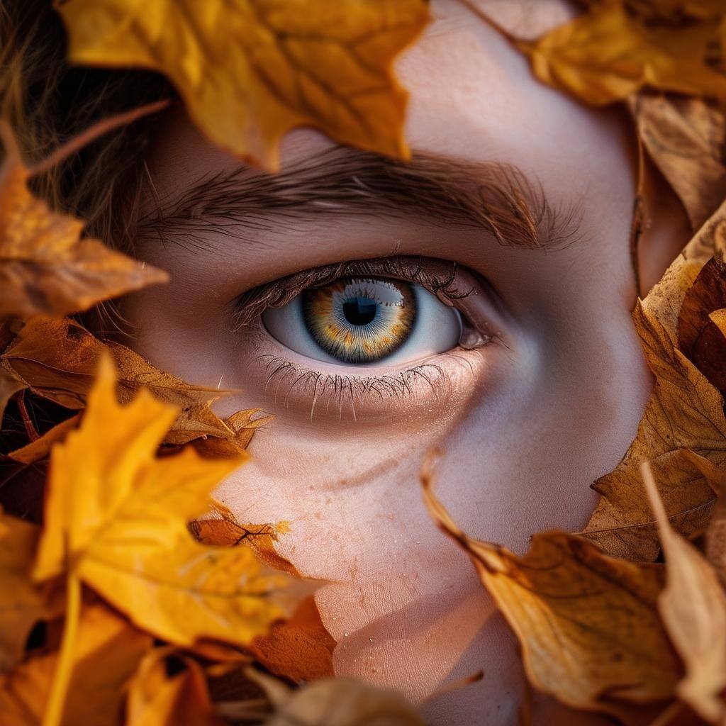 An image of a person wearing contact lenses in the autumn, surrounded by fallen leaves and facing challenges like dry air, dust, and temperature chang
