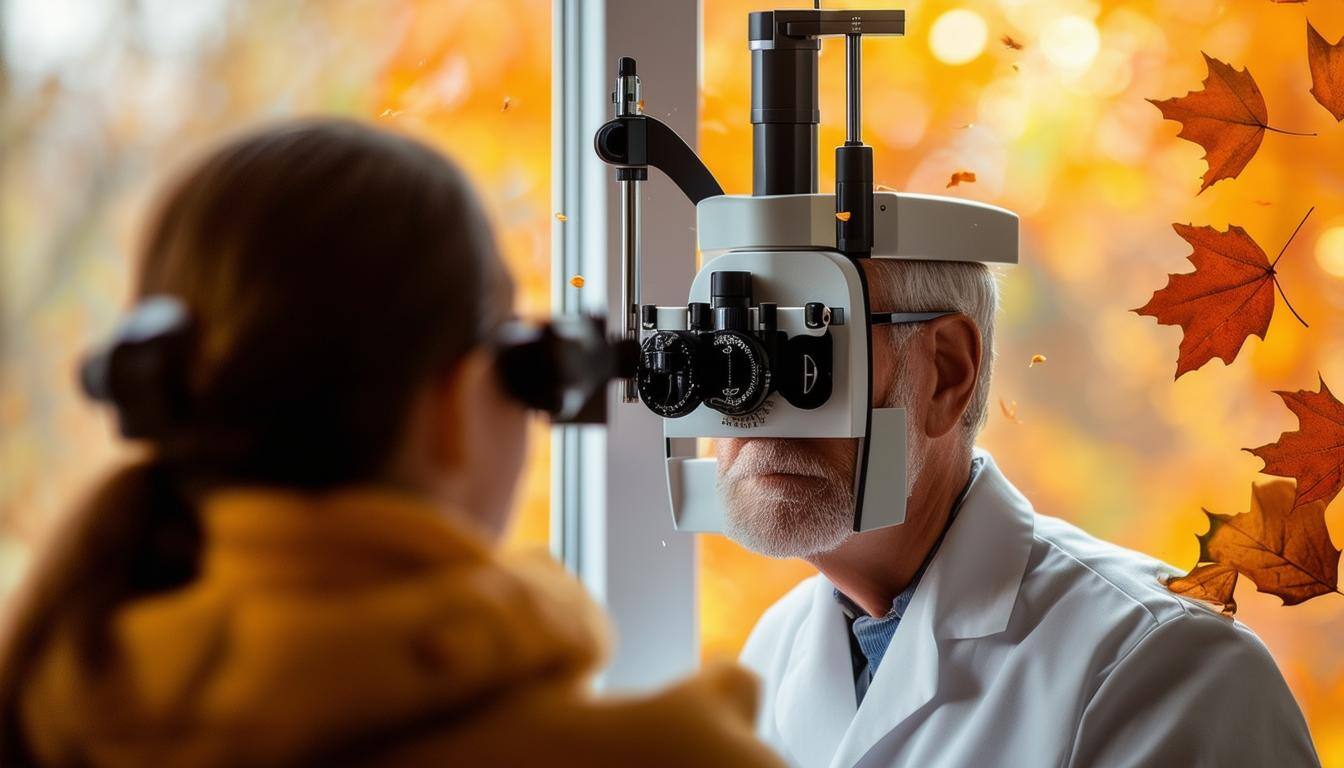 An image of someone receiving an eye exam in a warm, cozy office with autumn leaves falling outside the window