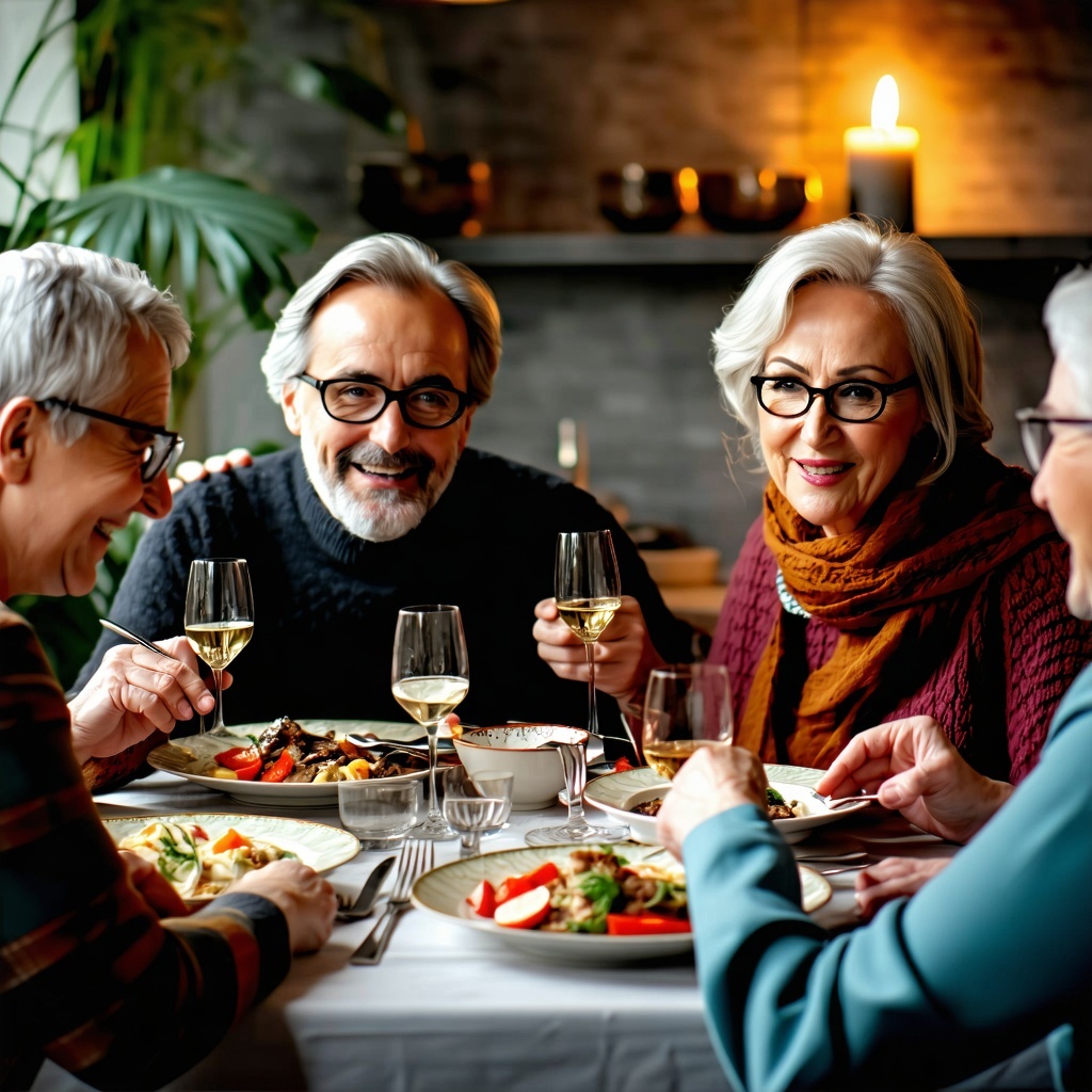 group of people in their 50s with glasses having dinner-1