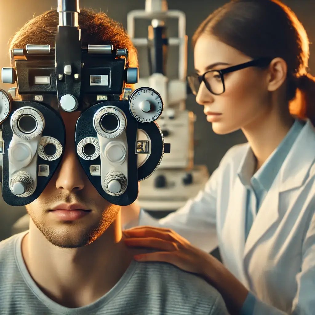 DALL·E 2025-02-22 17.02.17 - A cinematic-style realistic image of a patient undergoing an eye examination in a modern optometry clinic. The patient, a young adult, sits in front o
