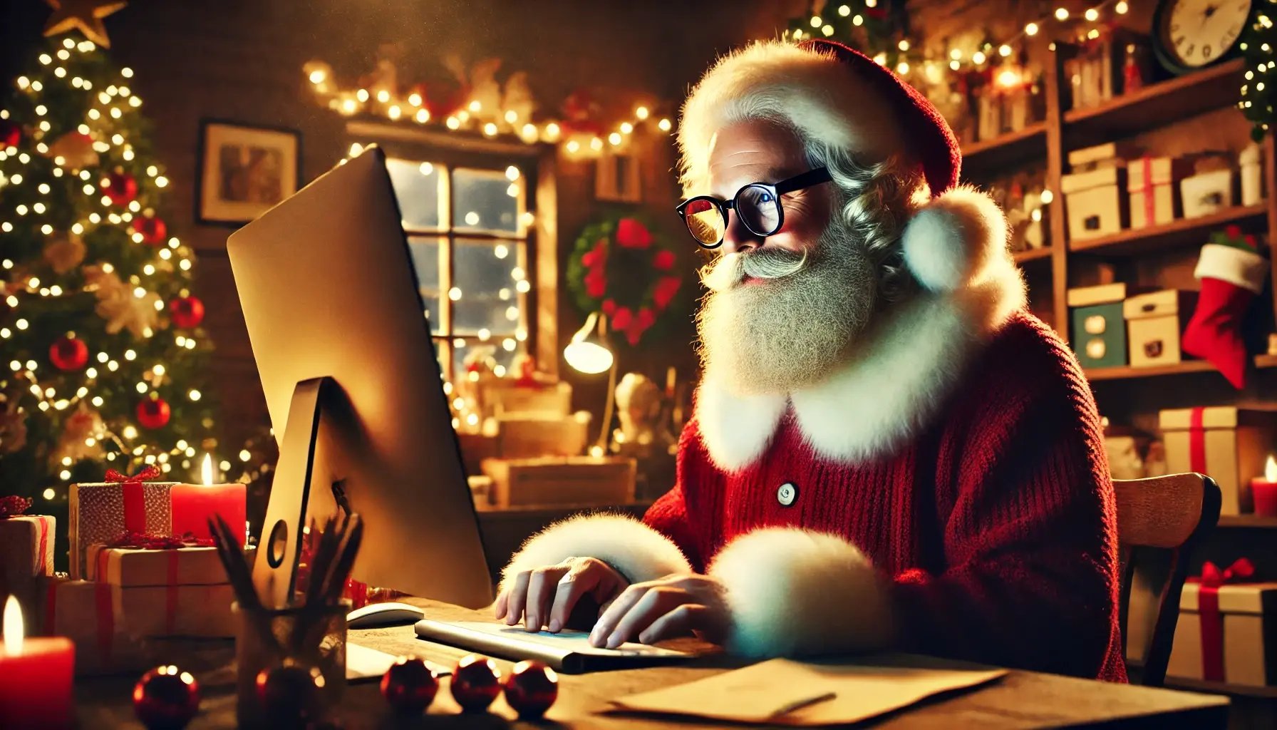 DALL·E 2024-10-28 22.04.44 - Santa Claus in his cozy, well-decorated office, sitting at a desk working on a modern computer. He’s wearing thick, square-framed glasses in dark red