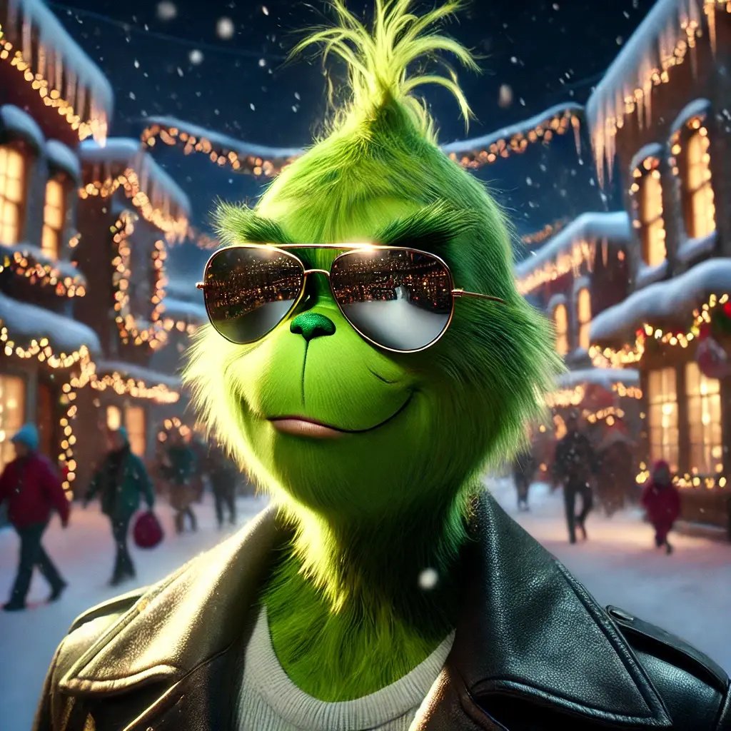 DALL·E 2024-10-28 22.06.33 - The Grinch with a rebellious, modern style, wearing aviator sunglasses with mirrored lenses and a metallic frame, adding a mysterious and stylish touc