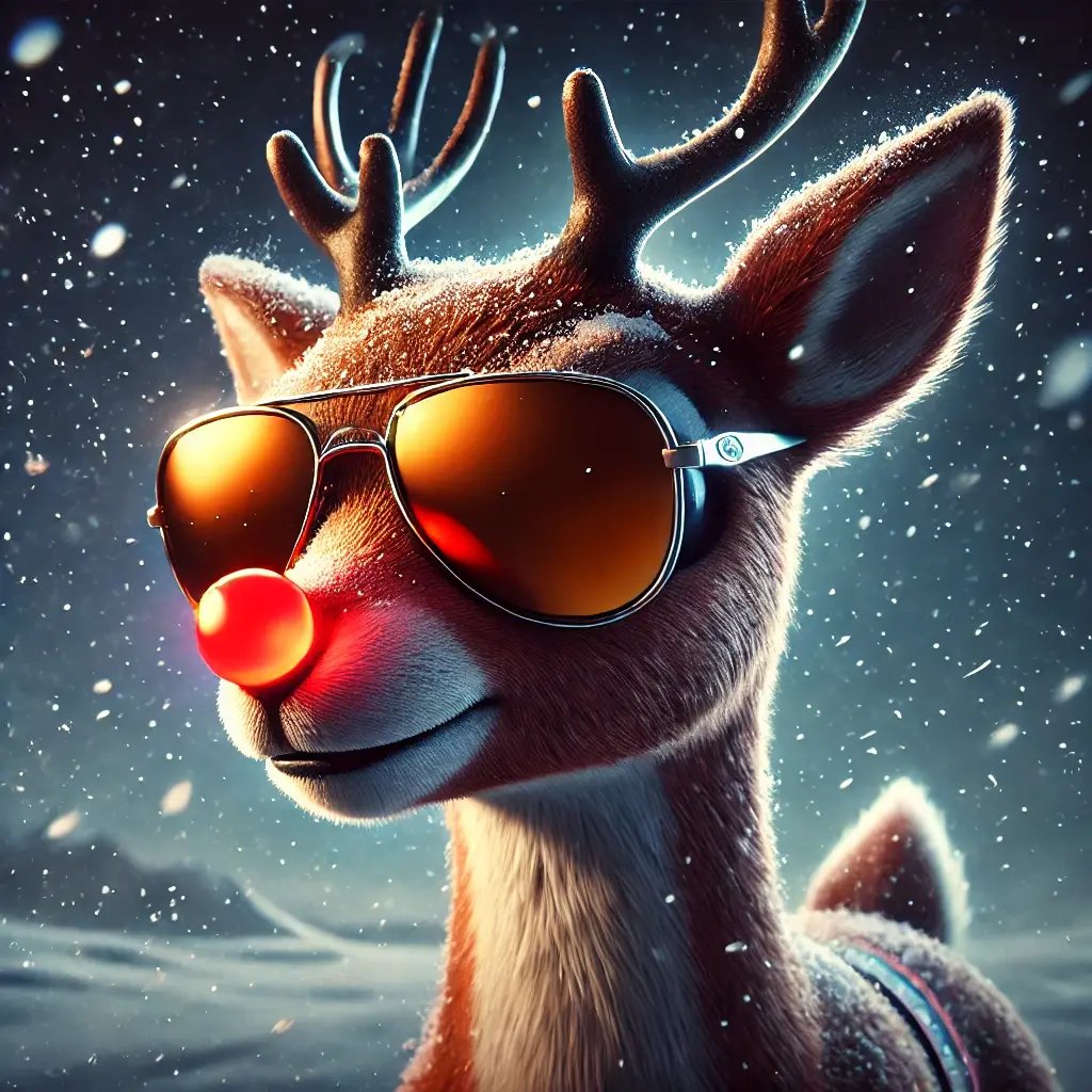 DALL·E 2024-10-28 22.08.30 - Rudolph the Red-Nosed Reindeer wearing sporty sunglasses with amber polarized lenses, giving him a stylish, adventurous look as he prepares to guide S