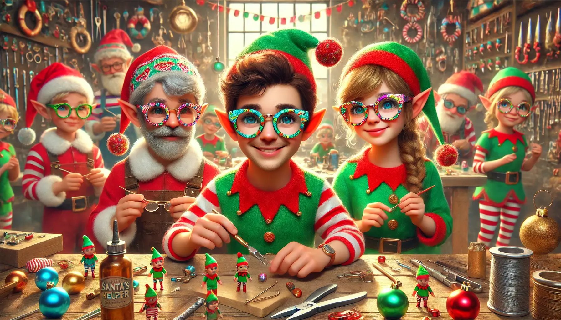 DALL·E 2024-10-28 22.09.52 - Santa’s helper elves in a cheerful, realistic style, wearing small, lightweight glasses with colorful frames featuring vibrant patterns that reflect t