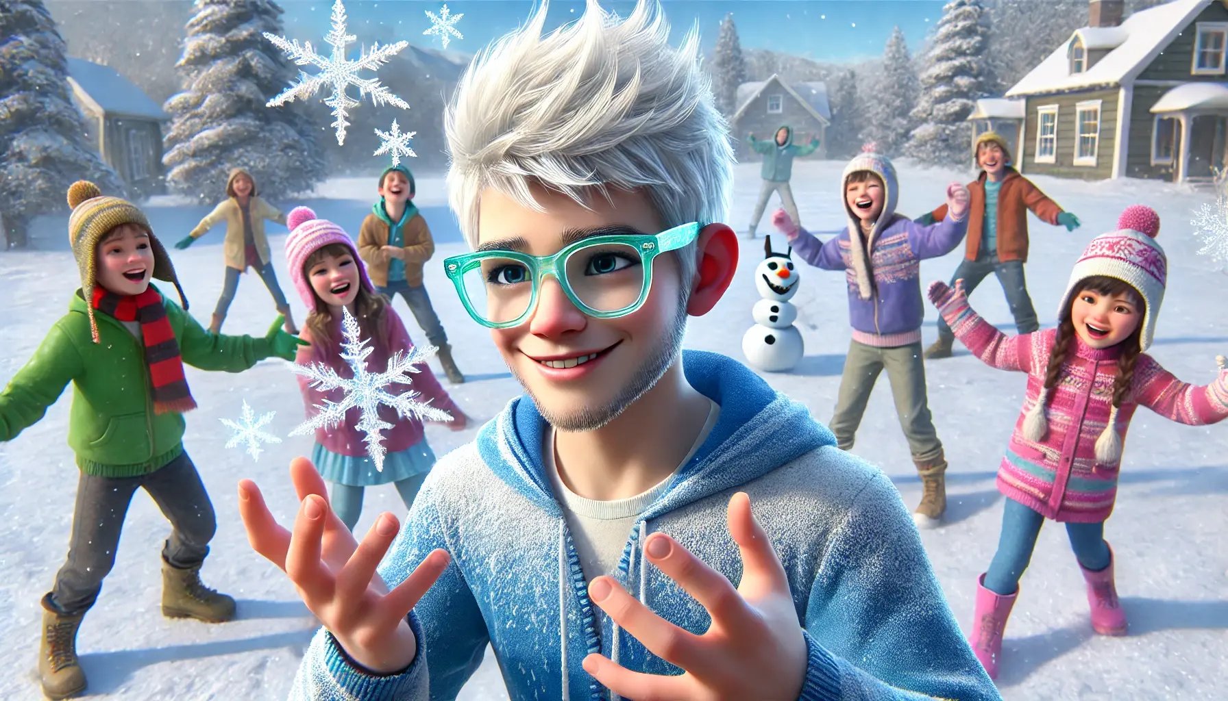 DALL·E 2024-10-28 22.22.14 - A realistic, youthful depiction of Jack Frost, the winter spirit, playing joyfully with children in a snowy landscape. He wears transparent glasses wi
