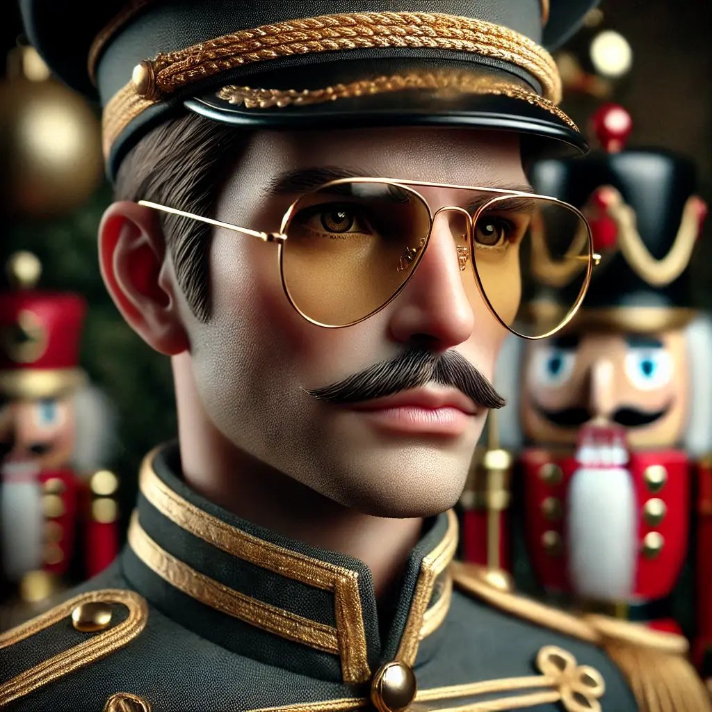 DALL·E 2024-10-28 22.23.54 - A highly realistic depiction of the Nutcracker, dressed in a classic military-style uniform with a modern twist. He wears aviator glasses with a gold