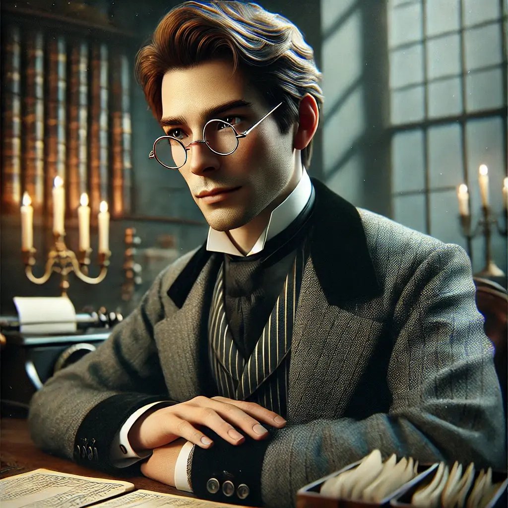 DALL·E 2024-10-28 22.26.10 - A modernized depiction of Ebenezer Scrooge from Charles Dickens A Christmas Carol, with a refined, contemporary look. He wears thin, oval reading g